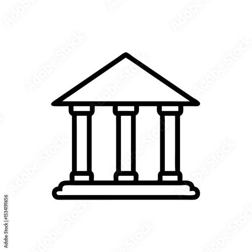 Minimalist Silhouette Icon of a Bank Building with Classical Pillars and a Triangular Roof, Simple Line Art Design on White Background Representing Financial Institution, Government, or Classical Arch