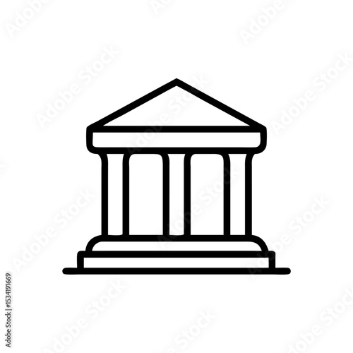 Minimalist Silhouette Icon of a Bank Building with Classical Pillars and a Triangular Roof, Simple Line Art Design on White Background Representing Financial Institution, Government, or Classical Arch