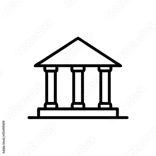 Minimalist Silhouette Icon of a Bank Building with Classical Pillars and a Triangular Roof, Simple Line Art Design on White Background Representing Financial Institution, Government, or Classical Arch