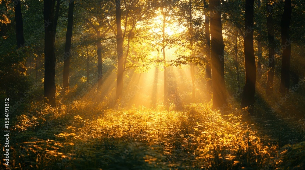 Fototapeta premium Ethereal Golden Sunlight Shining Through Green Trees in a Forest Landscape Illuminating the Forest Floor with Warmth