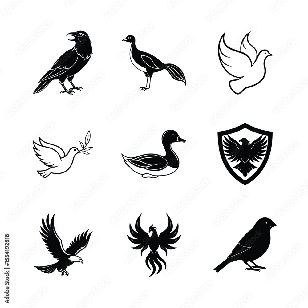 Obraz premium Elegant black and white bird illustrations collection featuring diverse avian species and iconic designs