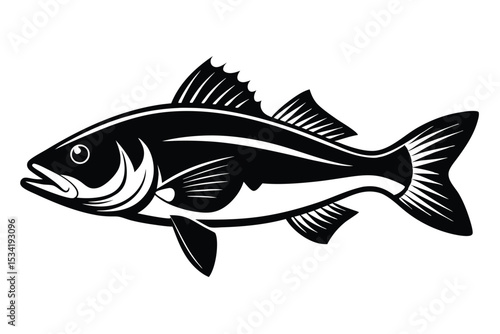 Black and White Fish Illustration of a Perch with Detailed Fins and Tail
