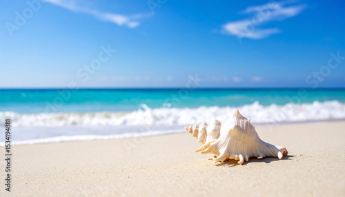 青い海と砂浜の白い巻き貝／Generated image