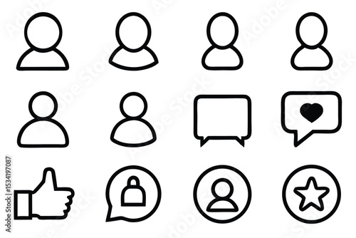 Simple outline icon set representing social media interactions and profile elements