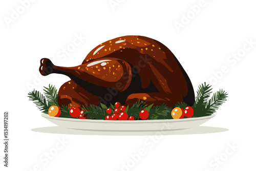 Roasted whole turkey with holiday garnish in a flat artistic style on white background, concept of festive meal and holiday celebration
