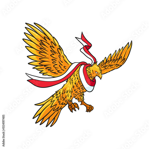 vector of a yellow eagle with a red and white flag around its neck in a pouncing pose