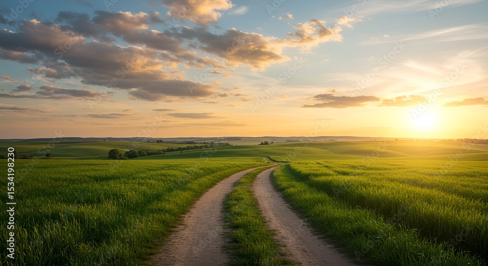 Golden Hour Sunlight Illuminates Winding Dirt Road Through Lush Green Fields Golden Hour Sunlight Illuminates Winding Dirt Road Through Lush Green Fields