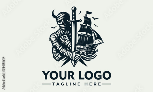 Intricate illustration of a rugged pirate figure with a classic hat, crossed swords, and a majestic sailing ship in the background. Maritime adventure concept