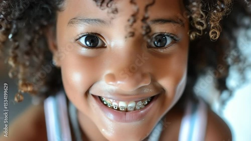 Smiling Afro girl with metal brackets, representing orthodontic treatment, wellness, and oral health