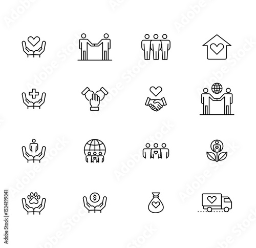 Charity and Social Care Line Icons Set Of Donations, Support, Community, and Volunteer Work Vector illustration.

