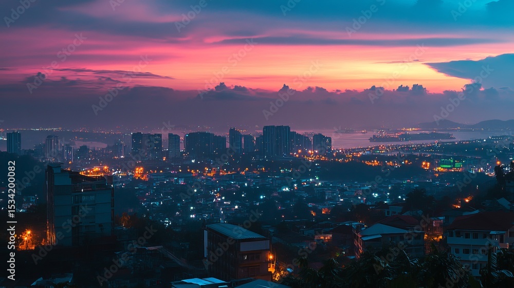 Fototapeta premium Vibrant sunset hues paint the cityscape, casting a warm glow over a sprawling metropolis nestled between water and hills. City lights twinkle, creating a mesmerizing night scene