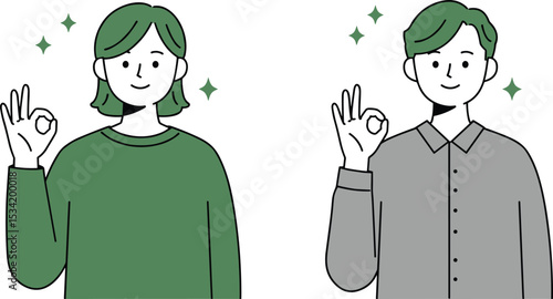 Cartoon illustration of happy man and woman showing okay hand gesture with smile, casual clothing, expressing agreement and satisfaction

 flat vector illustration
