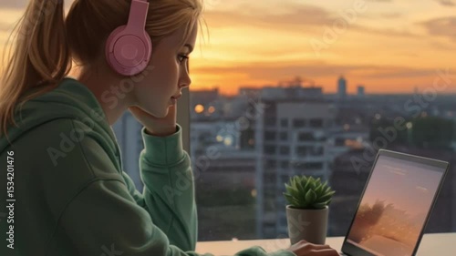Young woman wearing headphones while working on laptop at sunset  