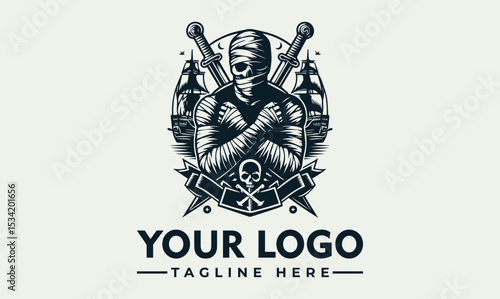 Intricate illustration of a rugged pirate figure with a classic hat, crossed swords, and a majestic sailing ship in the background. Maritime adventure concept