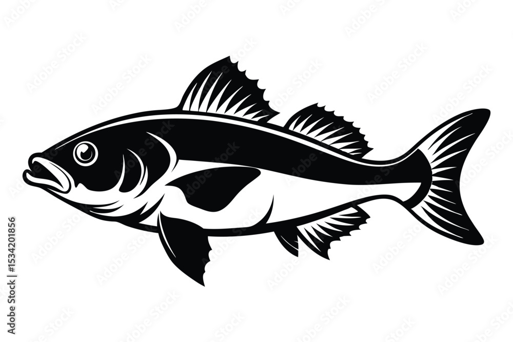 Fototapeta premium Stylized Black and White Illustration of a Fish with Fins and Tail Illustration