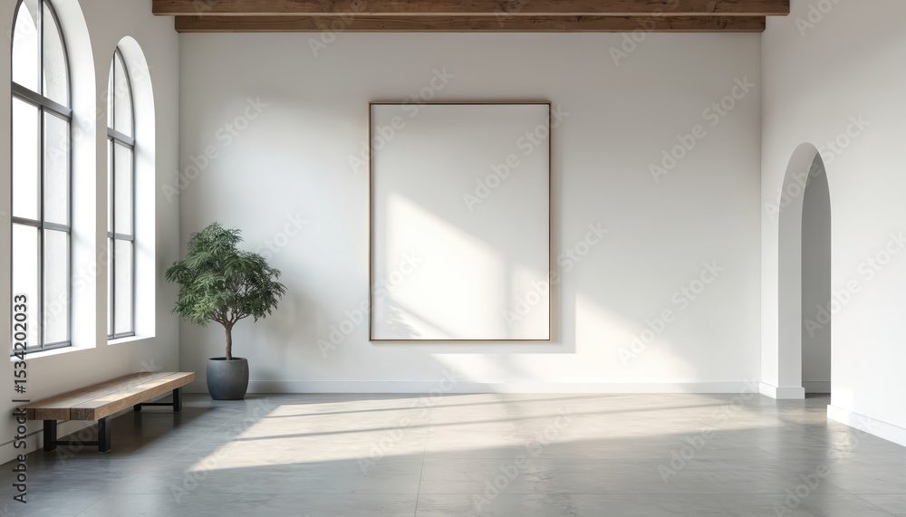 Fototapeta premium Empty wall frame in modern gallery space. White wall with wooden beams. Minimalist interior design, home decor, art, template, poster, exhibition, photo, picture, display, blank canvas