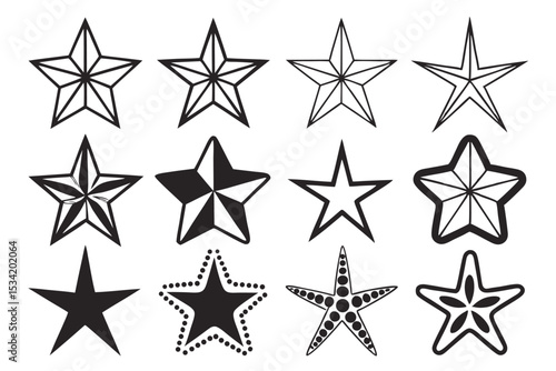 Collection of vector star illustrations in various designs and outlines on white background