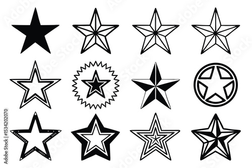 Collection of various simple black and white star shapes and decorative designs