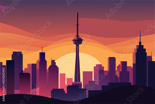 city skyline at sunset