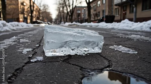 Ice block melting on cracked pavement in urban winter scene	
