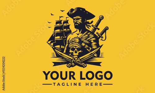 Intricate illustration of a rugged pirate figure with a classic hat, crossed swords, and a majestic sailing ship in the background. Maritime adventure concept