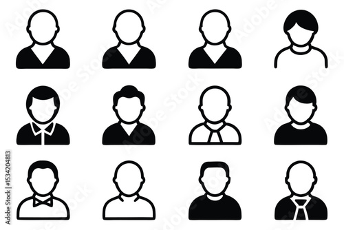 Collection of stylized avatar icons representing different male facial features and attire