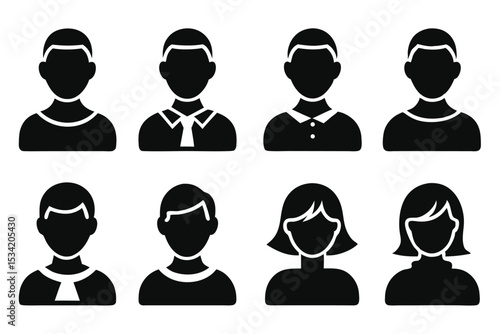 Stylized black and white icons of people representing various genders and professions