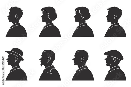 Vector illustration of silhouette profile portraits representing different hair styles and hats