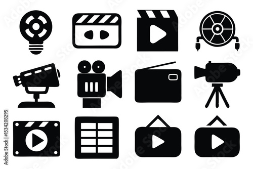 Collection of black and white film production icons illustrating movie making and broadcasting