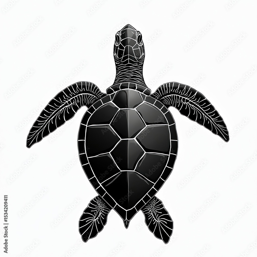 Fototapeta premium Black, white illustration of sea turtle isolated on white background. Graphic drawing of reptile silhouette with detailed shell, flippers. Ideal for logo, tattoo design, marine, aquatic life projects.
