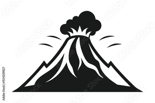 Black and White Illustration of Volcano Erupting with Smoke and Visible Lava Flows