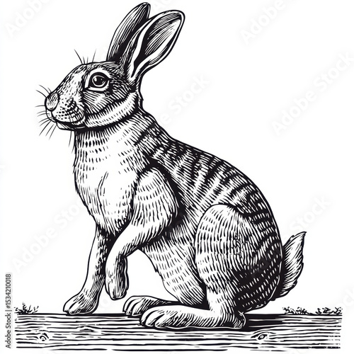 Rabbit woodcut natural posture animal sitting on wood with detailed fur texture