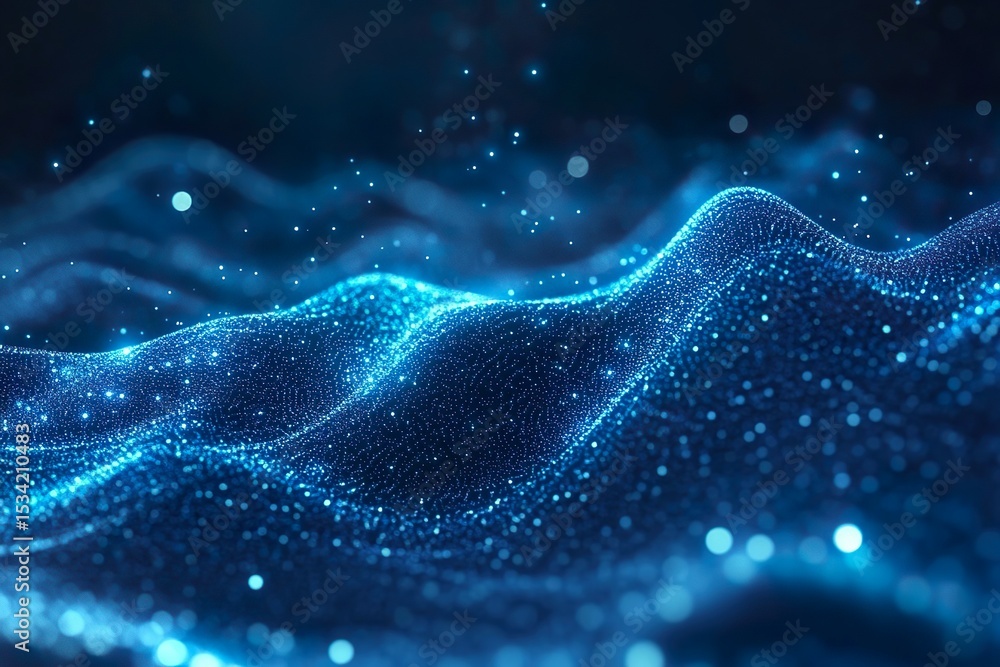 Abstract blue technology background with glowing particles, data points, and dynamic digital waves. Futuristic design suitable for AI, machine learning, data science, blockchain, and innovation concep