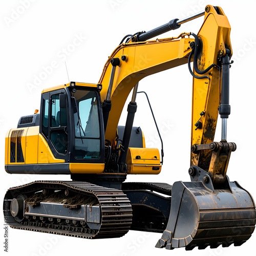 Yellow hydraulic excavator on a white background, ready for construction, earthmoving, and digging projects. Powerful heavy machinery for industrial and commercial use.