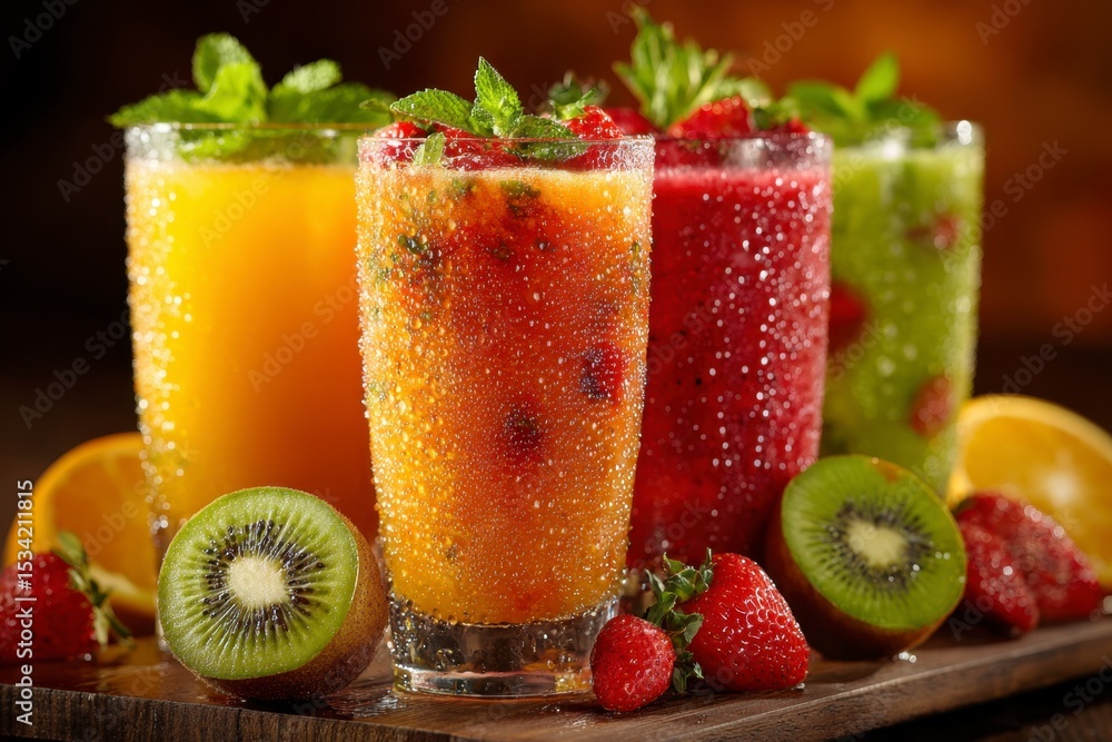 Refreshing Fruit Smoothies: A Vibrant Summer Beverage Display Refreshing Fruit Smoothies: A Vibrant Summer Beverage Display