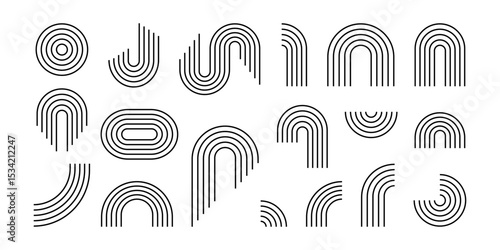 Line logo set. Boho zen arch. Minimal boho arch. Simple line rainbows. Abstract shape, outline arc. Modern decorative element rainbow arc collection. Contemporary bohemian illustrations.