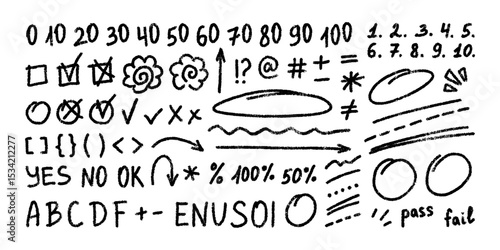 Hand drawn exam grades set. English test doodle exam marks. School testing, examination chalk grades. A B C D F outline hand drawn crayon grading elements. Teacher black marker grades. Homework score.