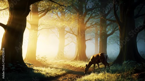 Serene Forest Morning with Grazing Deer