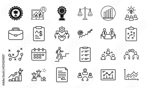 Business success and strategy icons package illustrated in minimalistic black outline style