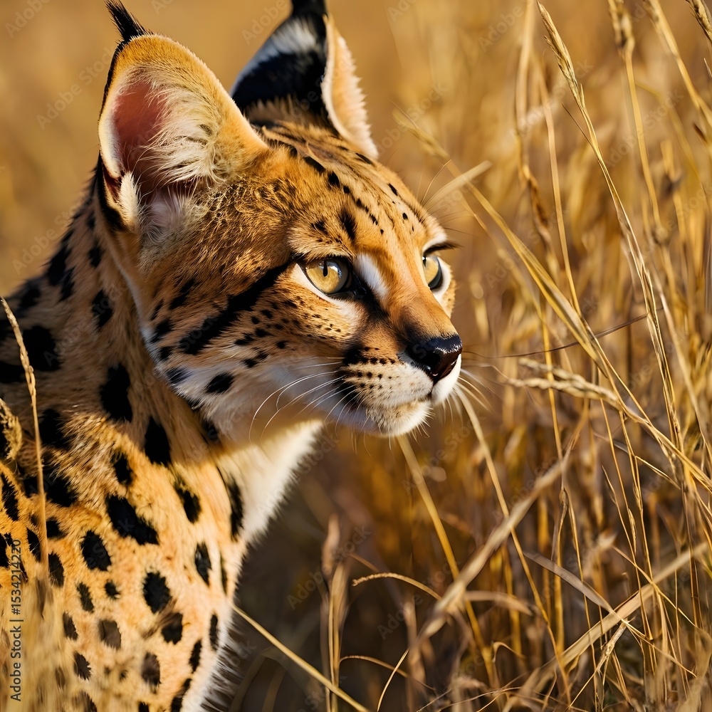 Obraz premium Serval Prowling Through Golden Grasslands