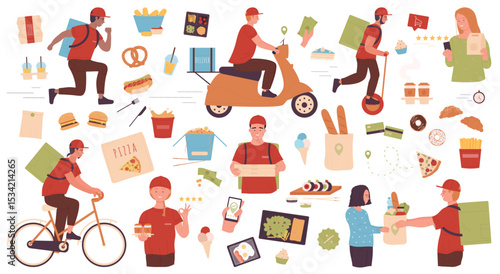 Fast food delivery service set vector illustration. Cartoon young courier character delivering fastfood order on bike scooter, takeaway pizza hamburger sushi in cardboard box isolated on white
