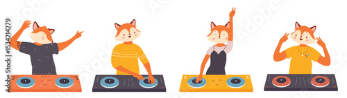Animal crazy dj set, fox characters on music fun party discotheque vector illustration. Cartoon funny dj fox standing at turntable, playing mixing electronic disco in nightclub isolated on white