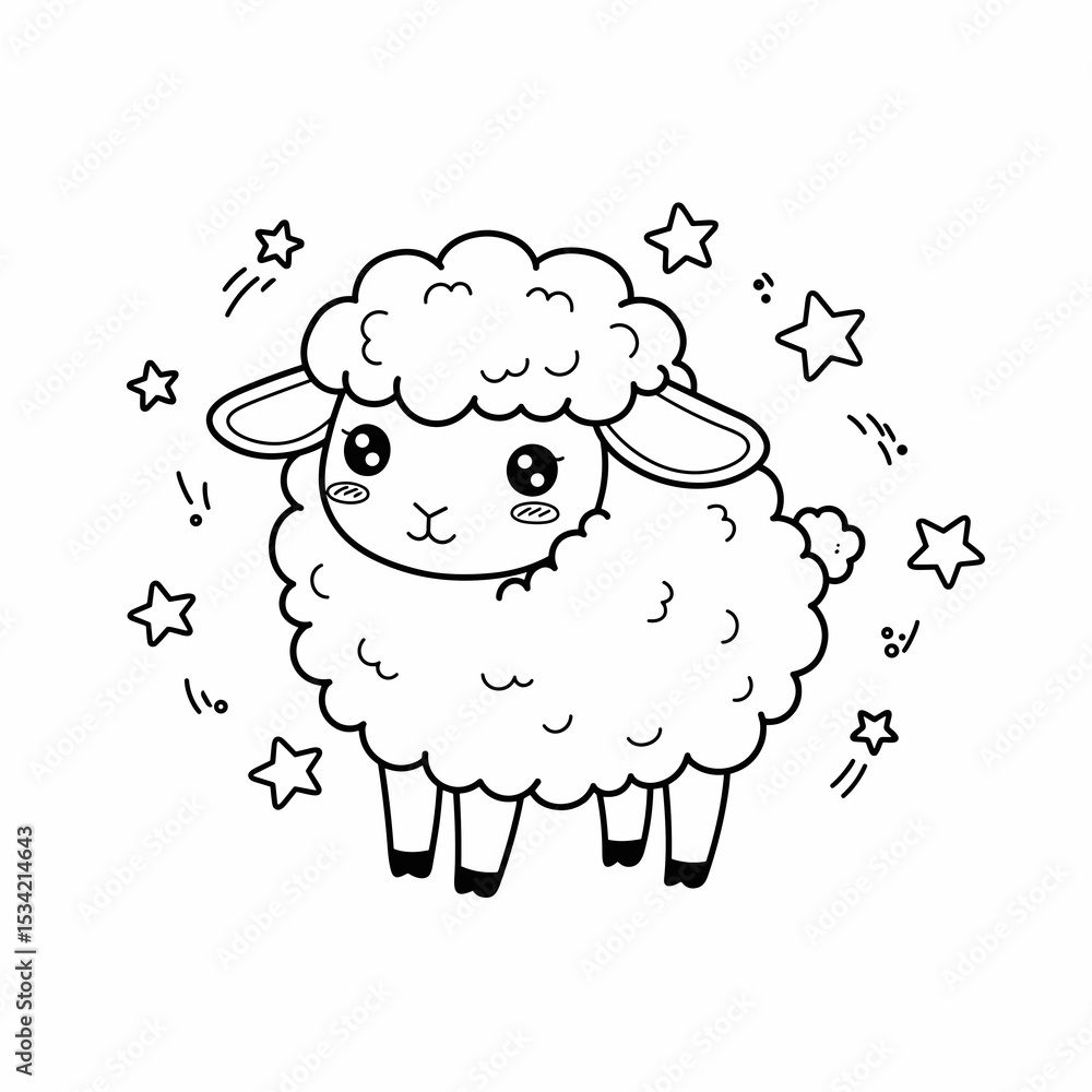 Obraz premium Cute fluffy sheep surrounded by stars in a whimsical style - Concept of Kawaii Animal Coloring Page 
