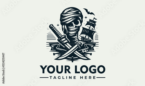 Intricate illustration of a rugged pirate figure with a classic hat, crossed swords, and a majestic sailing ship in the background. Maritime adventure concept