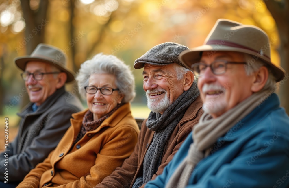 Group of senior people enjoy autumn day in park. Elderly men and women are smiling, talking sitting outdoors. Happy retirees have positive emotions. Fall season, trees with yellow leaves, hats. Group of senior people enjoy autumn day in park. Elderly men and women are smiling, talking sitting outdoors. Happy retirees have positive emotions. Fall season, trees with yellow leaves, hats.