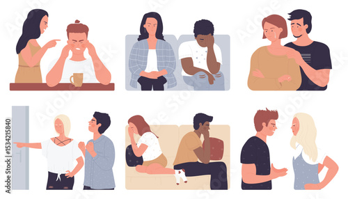 Quarreling couple people set, angry quarrel conflict in relationship vector illustration. Cartoon sad unhappy man woman characters argue, stress dispute between husband and wife isolated on white