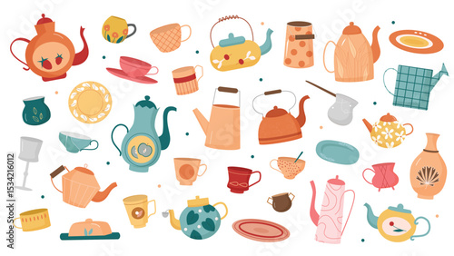 Vintage tableware set, retro home kitchen cutlery for cooking vector illustration. Cartoon tea cup, pot and plate with antique patterns, ceramic utensil, old crockery objects isolated on white