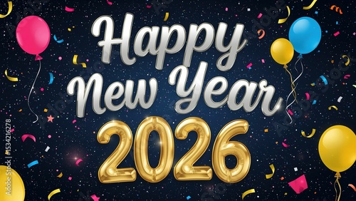 Festive happy new year 2026 greeting with gold balloon numbers and colorful confetti