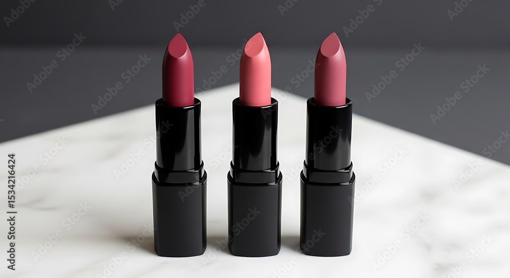 Three lipstick shades in different tones beautifully arranged on a marble surface background Three lipstick shades in different tones beautifully arranged on a marble surface background