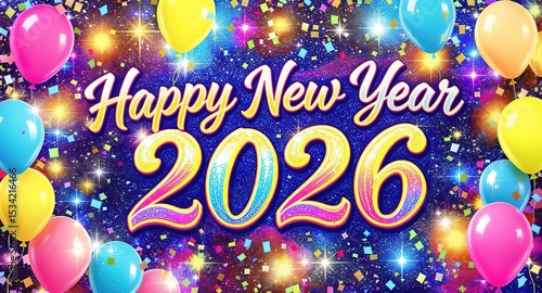 Happy new year 2026 celebration with colorful balloons and festive confetti design